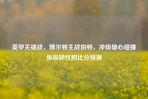 英甲关键战,博尔顿主战伯顿,冲级雄心碰撞保级韧性附比分预测